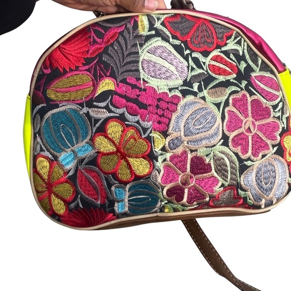 Mexican Floral Embroidered Suede Leather Handbag Colorful Medium Handmade - Picture 6 of 12